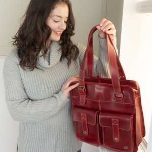 Leather work bag women, red leather handbag for women, leather tote bag women, leather purses, women bag with pockets, leather gifts women image 5