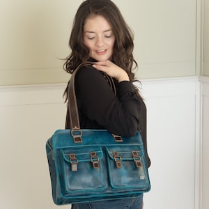 Blue leather tote bag for women, shoulder bag with pockets for everyday, laptop handbag for women, casual women handbag, cool gift for her