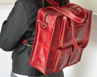 Leather backpack women convertible backpack red cute bag, laptop backpack for women work bag, vintage backpack casual day, large bike bag