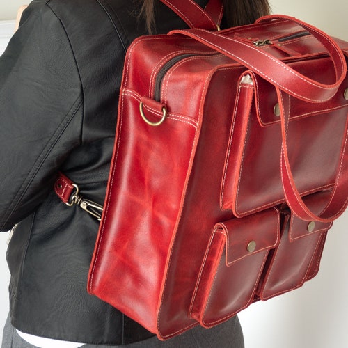 Leather Backpack Women Convertible Backpack Red Cute Bag Etsy