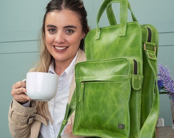 Green leather crossbody bag women, vintage leather shoulder bag for work, green leather bag for school, small satchel bag, retro handbag