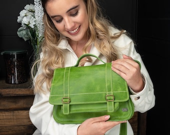 Cute green leather satchel bag, small satchel bag women, mini leather bag for women, structured woman handbag, small leather briefcase women