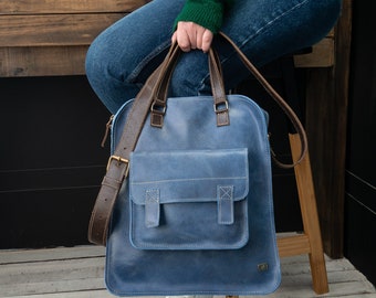 Vintage Top Handle Bag Purse for Laptop - Handmade Leather Tote - Sky Blue Crossbody Bag for Work