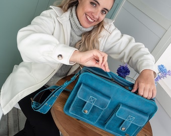 Blue leather bag women, small laptop bag, small leather messenger for work, turquoise school bag, small crossbody bag with pockets women bag