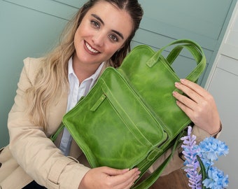 Leather crossbody pocket bag, lime green messenger bag, woman leather bag, vintage sturdy bag, gift for fiance, green handbag for school