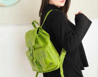 Leather backpack women, green backpack, laptop backpack for work, backpack purse, leather boho bag women, backpack vintage, lime green bag