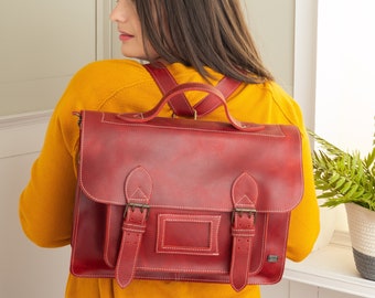 Red leather briefcase backpack, leather satchel for laptop, red leather bag women, vintage messenger backpack, convertible leather backpack