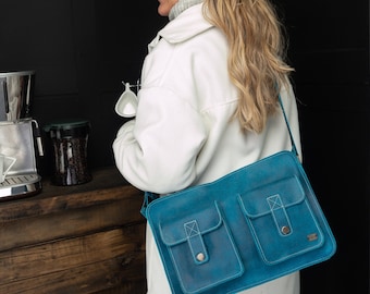 Blue leather briefcase bag, small laptop messenger bag, school leather bag women, small satchel for school, turquoise leather bag women