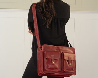 Red leather messenger bag women, cross body laptop bag women, leather briefcase for work, medium messenger bag for school, work bag women