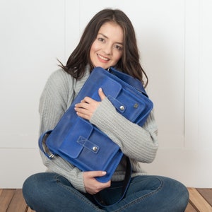 Sky Blue laptop bag women, blue leather messenger bag, soft leather messenger laptop bag, messenger purse woman, blue laptop bag for work image 1