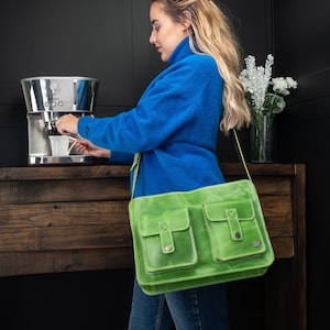 Messager en cuir vert lime, sac en cuir de travail vert, petit sac pour ordinateur portable femmes, jolies petites femmes porte-documents, sac à bandoulière vert pour le bureau