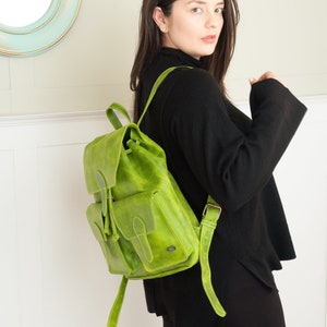 Leather backpack women, green backpack, laptop backpack for work, backpack purse, leather boho bag women, backpack vintage, lime green bag image 1
