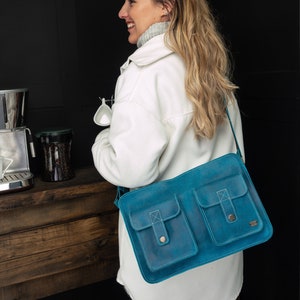 Bolsa de couro azul, bolsa mensageiro pequena para laptop, bolsa de couro escolar feminina, bolsa pequena para escola, bolsa de couro turquesa feminina
