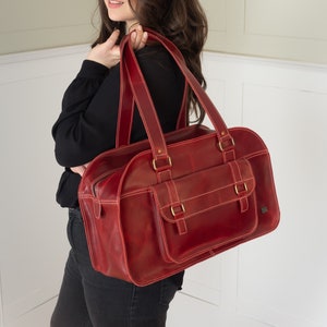 Red leather large handbag, oversize women leather bag, carry on duffel bag, women travel bags, large red purse for work, red weekender bag image 3