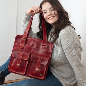 Rote Ledertasche für Damen – Damen-Arbeitstasche – weinrote Ledertasche – Damenhandtasche mit Taschen – rote Umhängetasche – Tasche mit Henkel