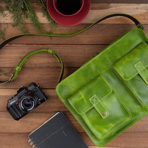 Stylish Green Leather Messenger Bag for Women, Laptop Bag Included, gift for her Green