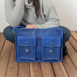 Sky Blue laptop bag women, blue leather messenger bag, soft leather messenger laptop bag, messenger purse woman, blue laptop bag for work image 2