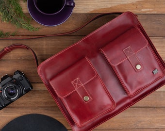 Red leather laptop bag women, red messenger bag large, crossbody satchel bag women, cross body bag for work, women red leather briefcase