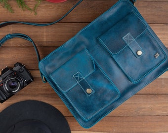 Vintage Leather Messenger Bag for Women, blue leather laptop bag women, retro satchel bag for work, blue shoulder bag for school, work bag