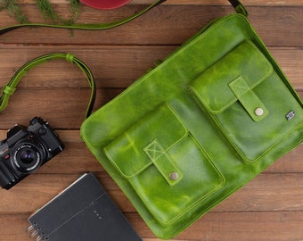 Green leather bag for work, lime green school bag, womens laptop bag, messenger bag for new job, cross body bag with pockets, green handbag