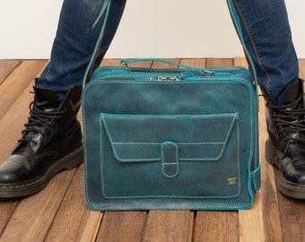 Vintage Turquoise Leather Messenger Bag, Retro Briefcase, Handcrafted Crossbody Satchel, Travel Bag for Men and Women