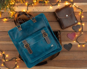 Work leather backpack bundle, leather bundle for women, personalized gift for her, mini leather bag and blue leather laptop backpack women
