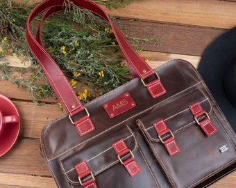 Personalized Brown Tote Bag - Colorful Leather handbag for Women - Custom Engraving Available