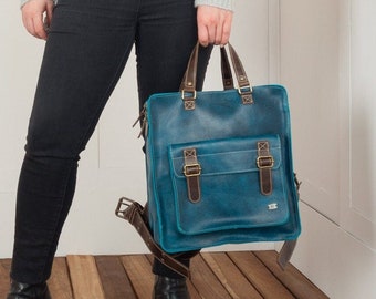 Teal Leather backpack purse, blue leather bag women, work turquoise handbag, vintage school bag, laptop backpack women, backpacks for women