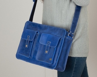 Sky Blue leather bag for women, messenger bag for school, leather laptop bag for women, vintage leather bag denim outfits, messenger purse