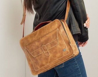 Vintage Tan Satchel Crossbody Bag for Small Laptop | Handmade Leather Messenger, Shoulder bag for Travel