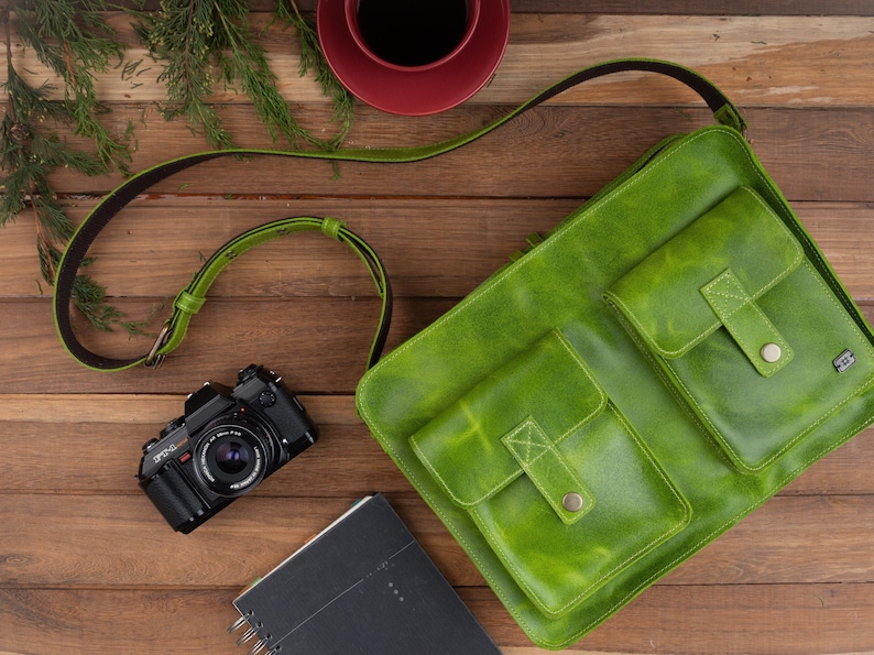 Green leather bag for work, lime green school bag, womens laptop bag, messenger bag for new job, cross body bag with pockets, green handbag image 1