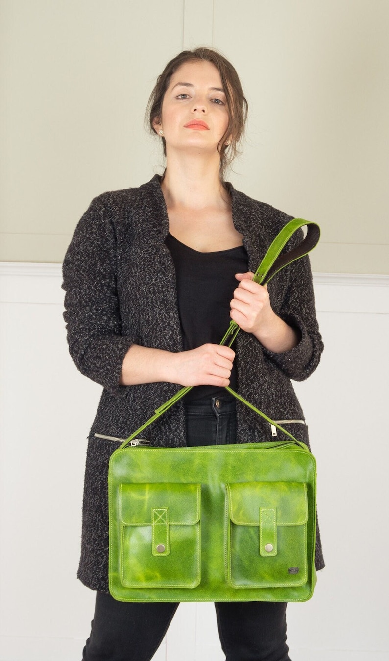 Stylish Green Leather Messenger Bag for Women, Laptop Bag Included, gift for her image 1