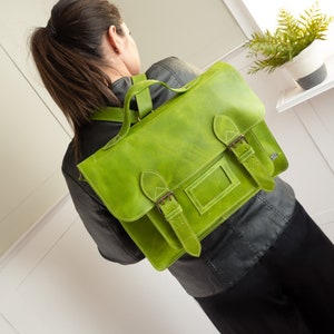 Green leather messenger bag, leather convertible backpack women, laptop satchel bag for work, green leather briefcase women, vintage bag image 9