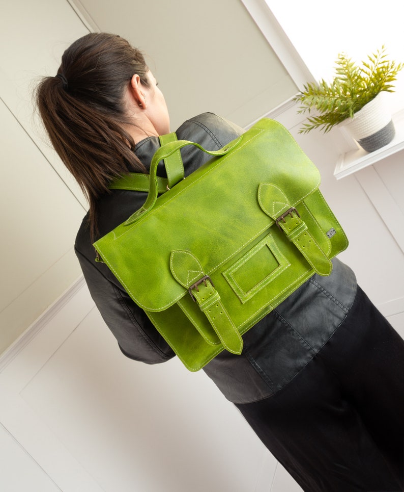 Green leather messenger bag, leather convertible backpack women, laptop satchel bag for work, green leather briefcase women, vintage bag image 9