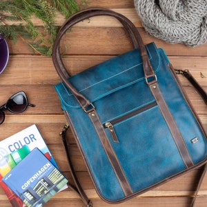 Leather handbags for women, laptop bag, indigo leather bag, tote bag for work, leather crossbody purse, blue leather handbag, turquoise bag Turquoise Blue
