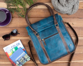 Leather handbags for women, laptop bag, indigo leather bag, tote bag for work, leather crossbody purse, blue leather handbag, turquoise bag