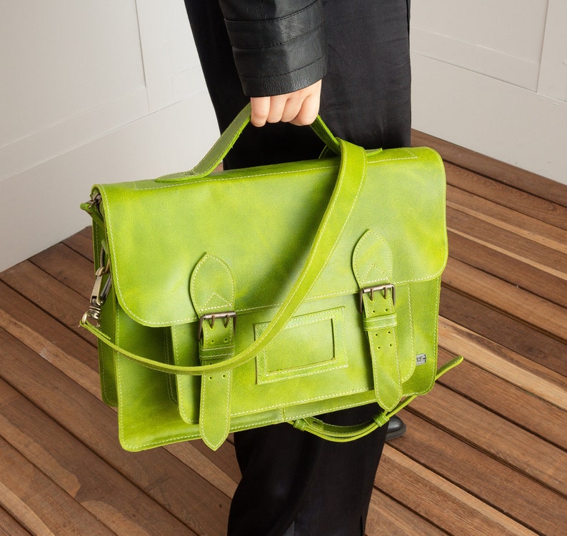 Green leather messenger bag, leather convertible backpack women, laptop satchel bag for work, green leather briefcase women, vintage bag image 8