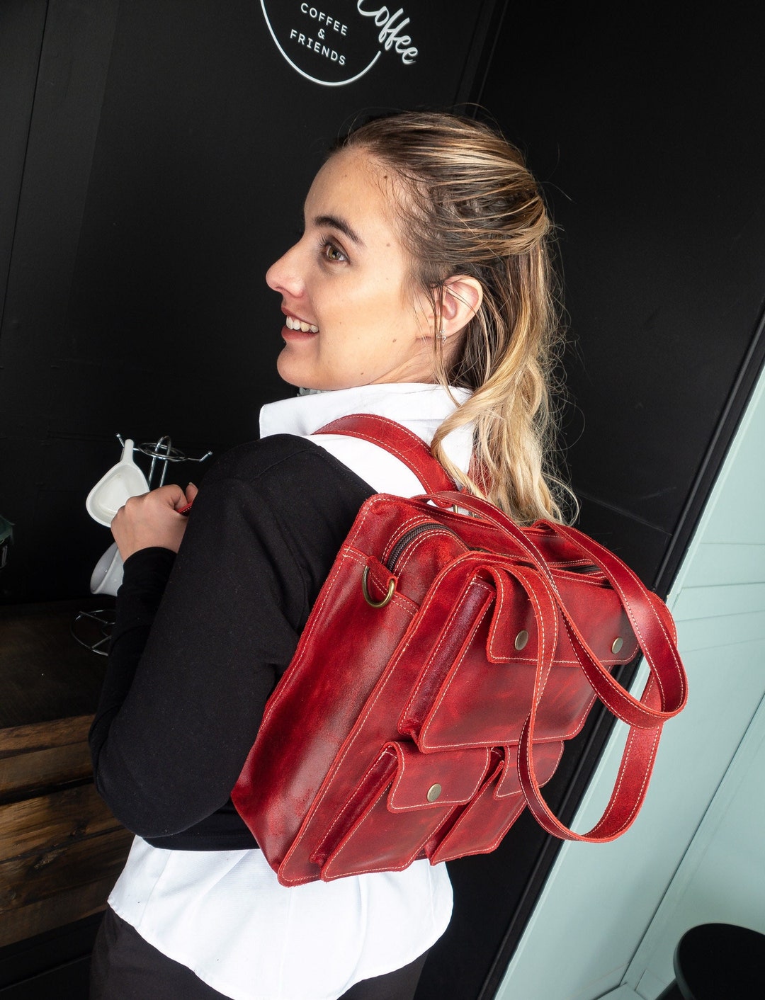 Red Cute Backpack Women, Leather Backpack Tote for Work, Convertible ...