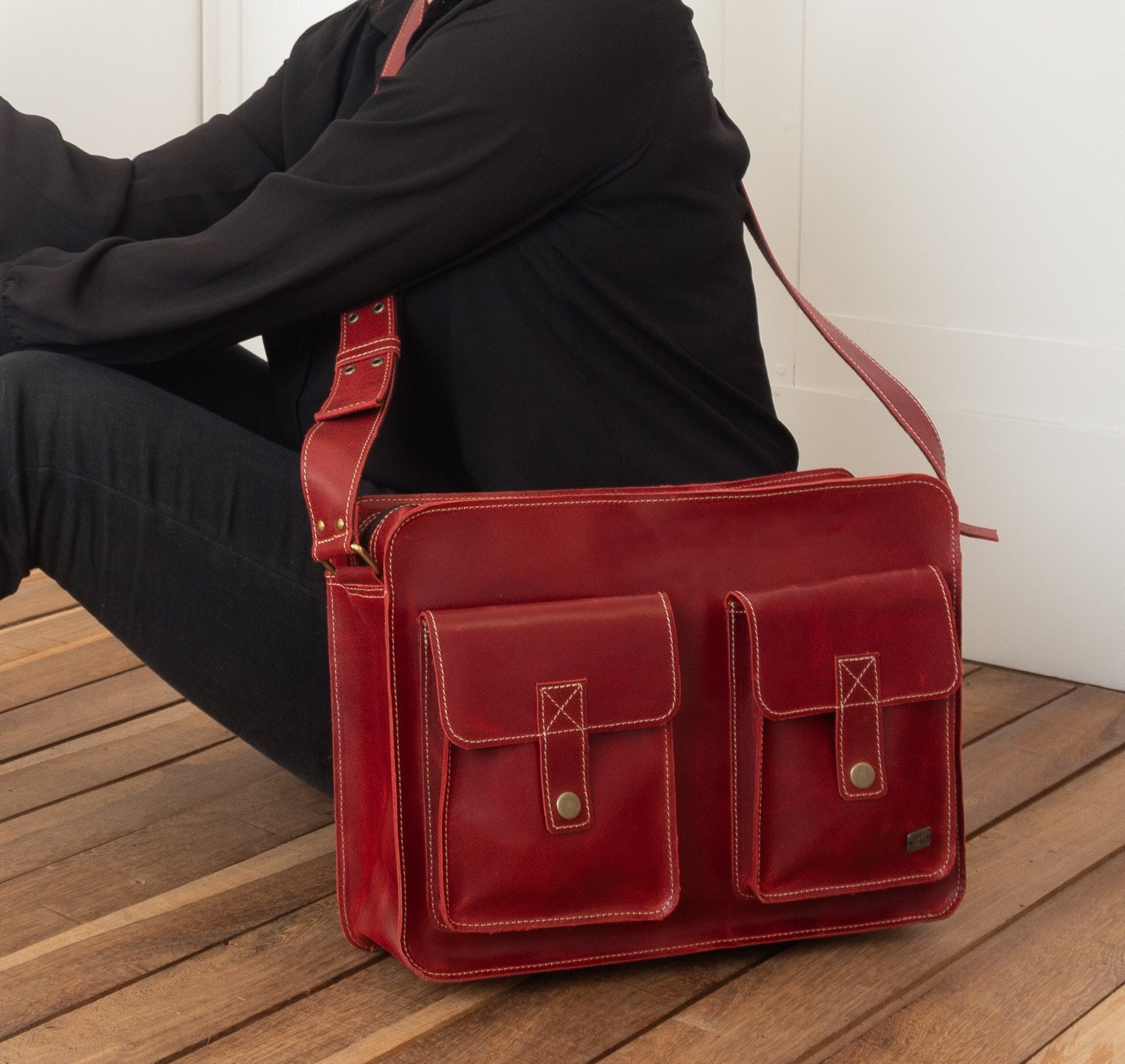 Red Leather Messenger Bag Leather Laptop Bag for Women Cross 