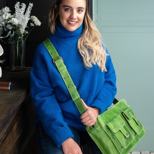 Green leather bag, small leather messenger, apple green crossbody bag everyday bag, vintage leather bag, postman bag, retro school bag women image 3