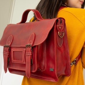 Leather satchel for women retro vintage style, leather laptop bag travel business, vintage satchel school bag, leather bag work meeting Red