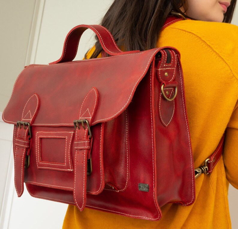 Leather satchel for women retro vintage style, leather laptop bag travel business, vintage satchel school bag, leather bag work meeting Red