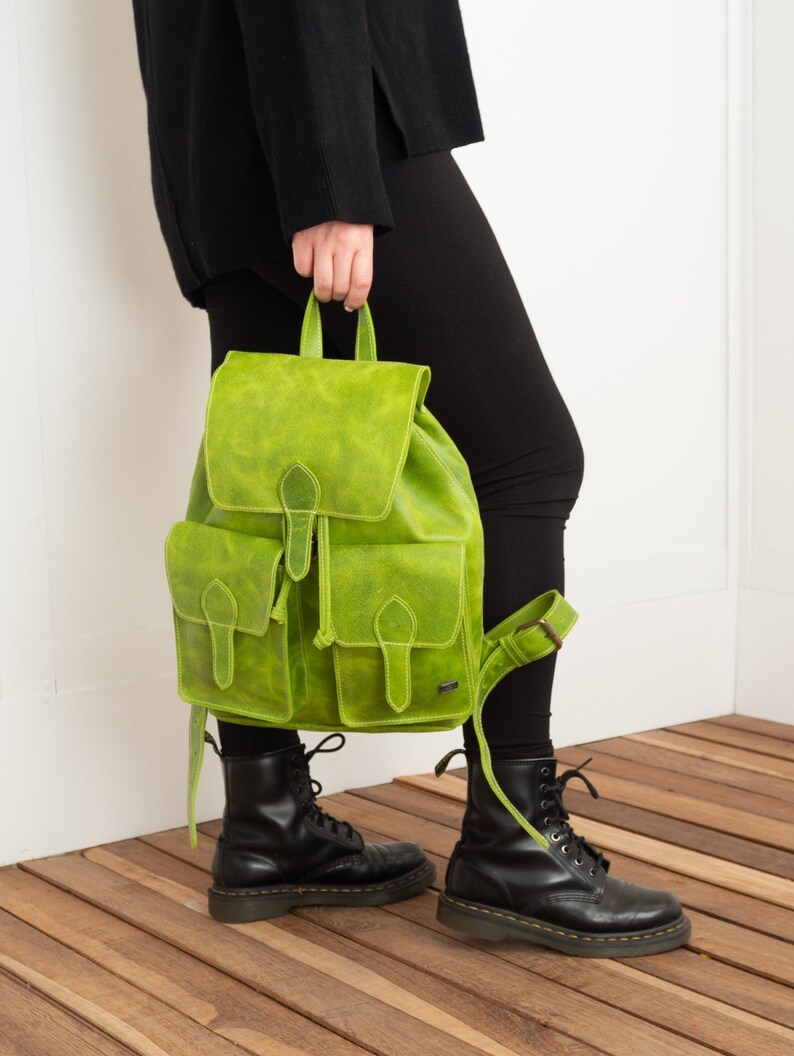 Leather backpack women, green backpack, laptop backpack for work, backpack purse, leather boho bag women, backpack vintage, lime green bag image 5
