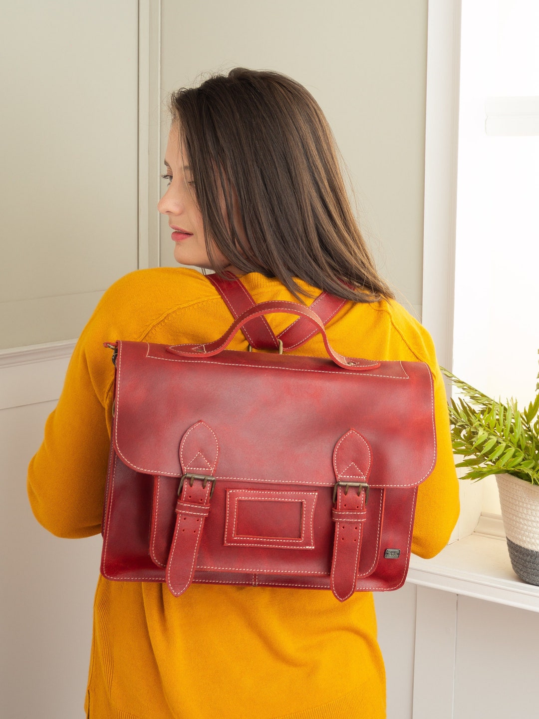Red Leather Briefcase Backpack, Leather Satchel for Laptop, Red Leather