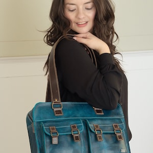 Woman handbag turquoise blue leather tote bag, vintage bag for women, leather women laptop bag, business shoulder bag for woman, mom gift image 5