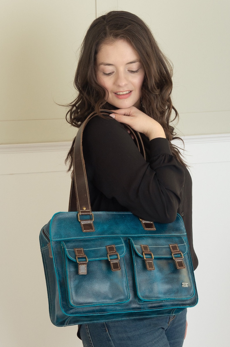 Woman handbag turquoise blue leather tote bag, vintage bag for women, leather women laptop bag, business shoulder bag for woman, mom gift image 5