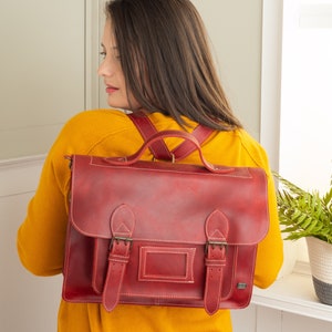 Leather satchel backpack, vintage backpack red leather, laptop bag for work, bag briefcase women, messenger bag women, convertible backpack image 6