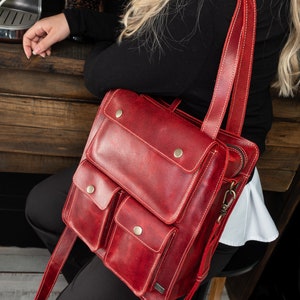 Leather backpack women, red backpack purse, leather bag for office, convertible backpack crossbody, small backpack women, women work bag image 2