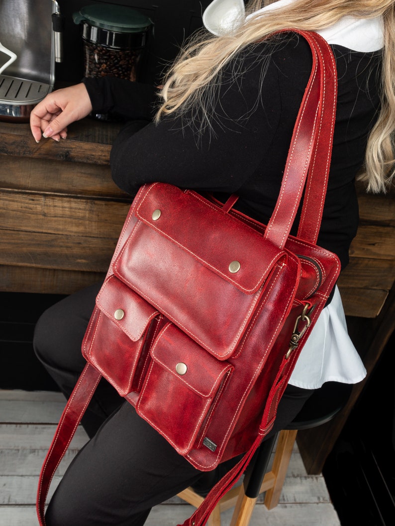 Convertible backpack for women, red leather backpack for work, small laptop backpack women, red leather bag for laptop, work bag for mom image 4