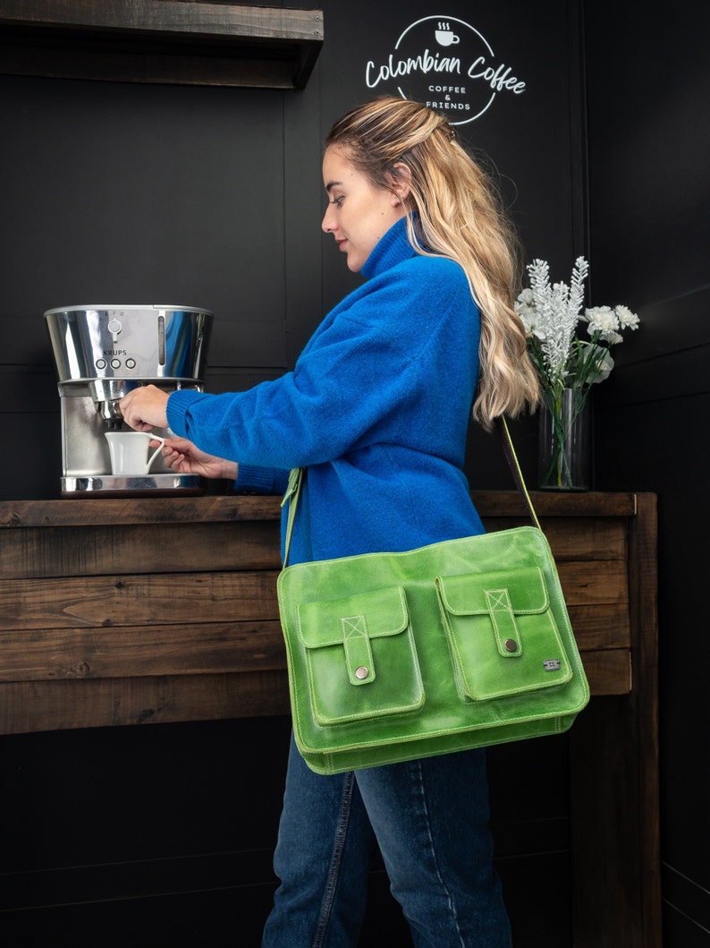 Green leather bag, small leather messenger, apple green crossbody bag everyday bag, vintage leather bag, postman bag, retro school bag women image 6